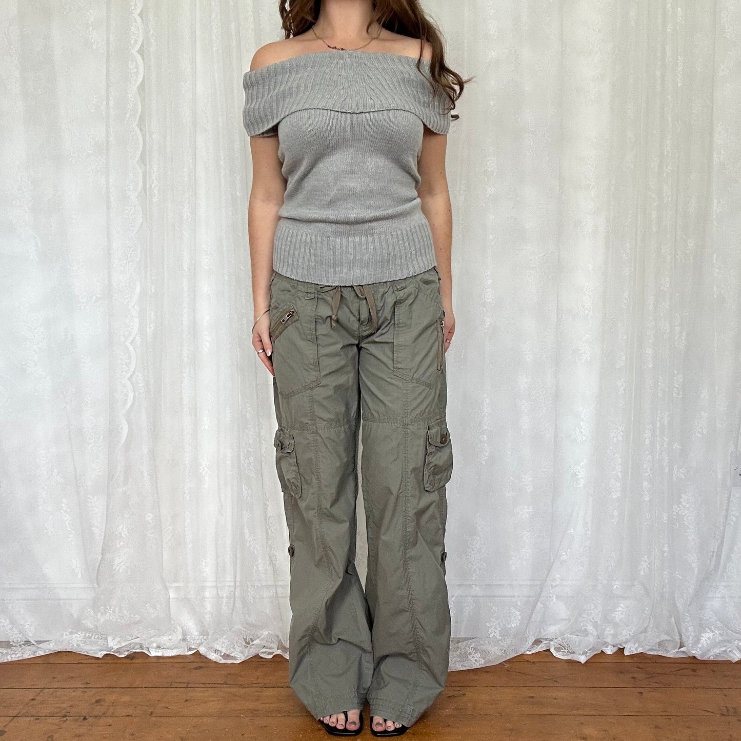 vintage 00s grey off shoulder knit jumper