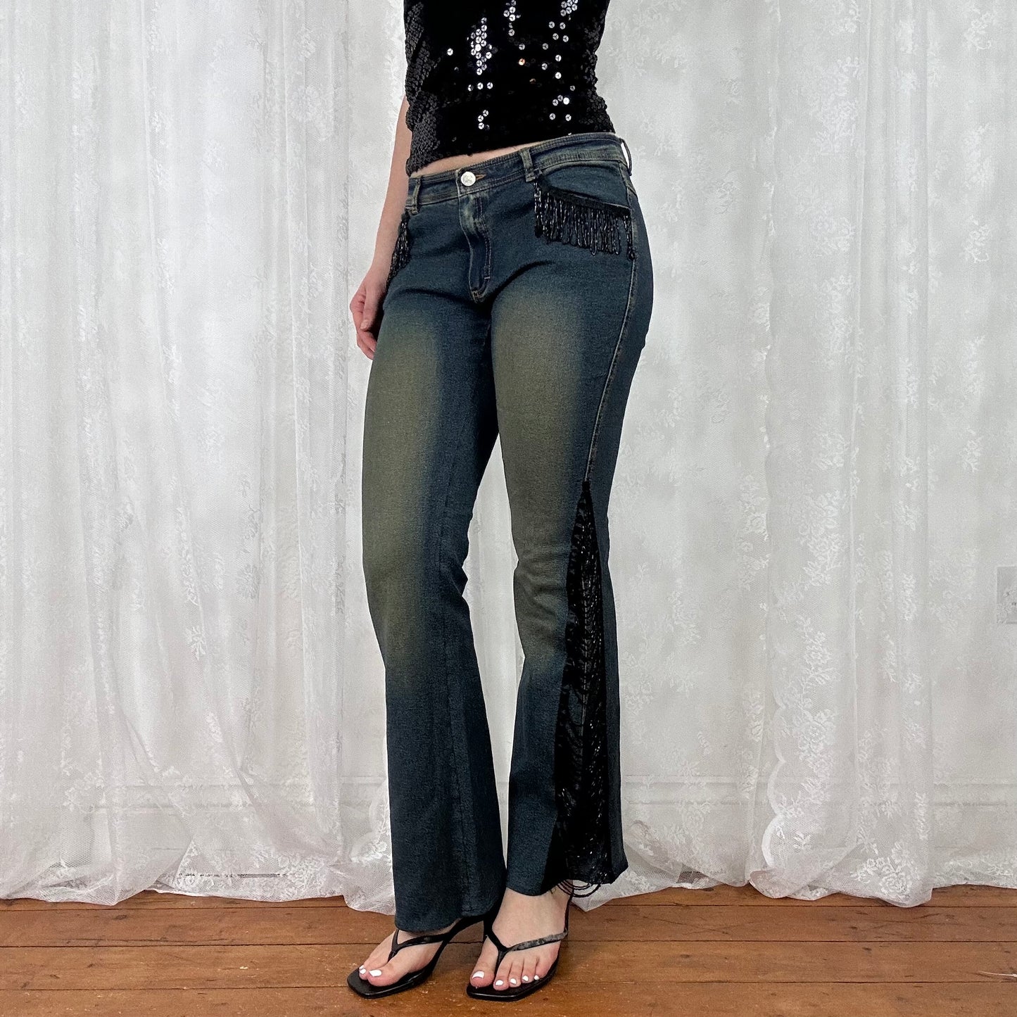 vintage 00s low rise black beaded tassle flared jeans