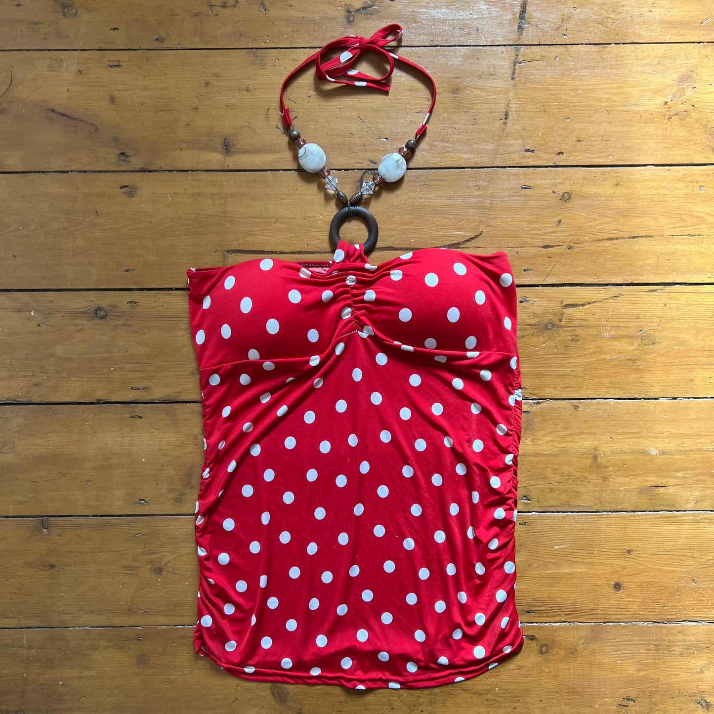 vintage 00s red polka dot halterneck top with beaded o ring details