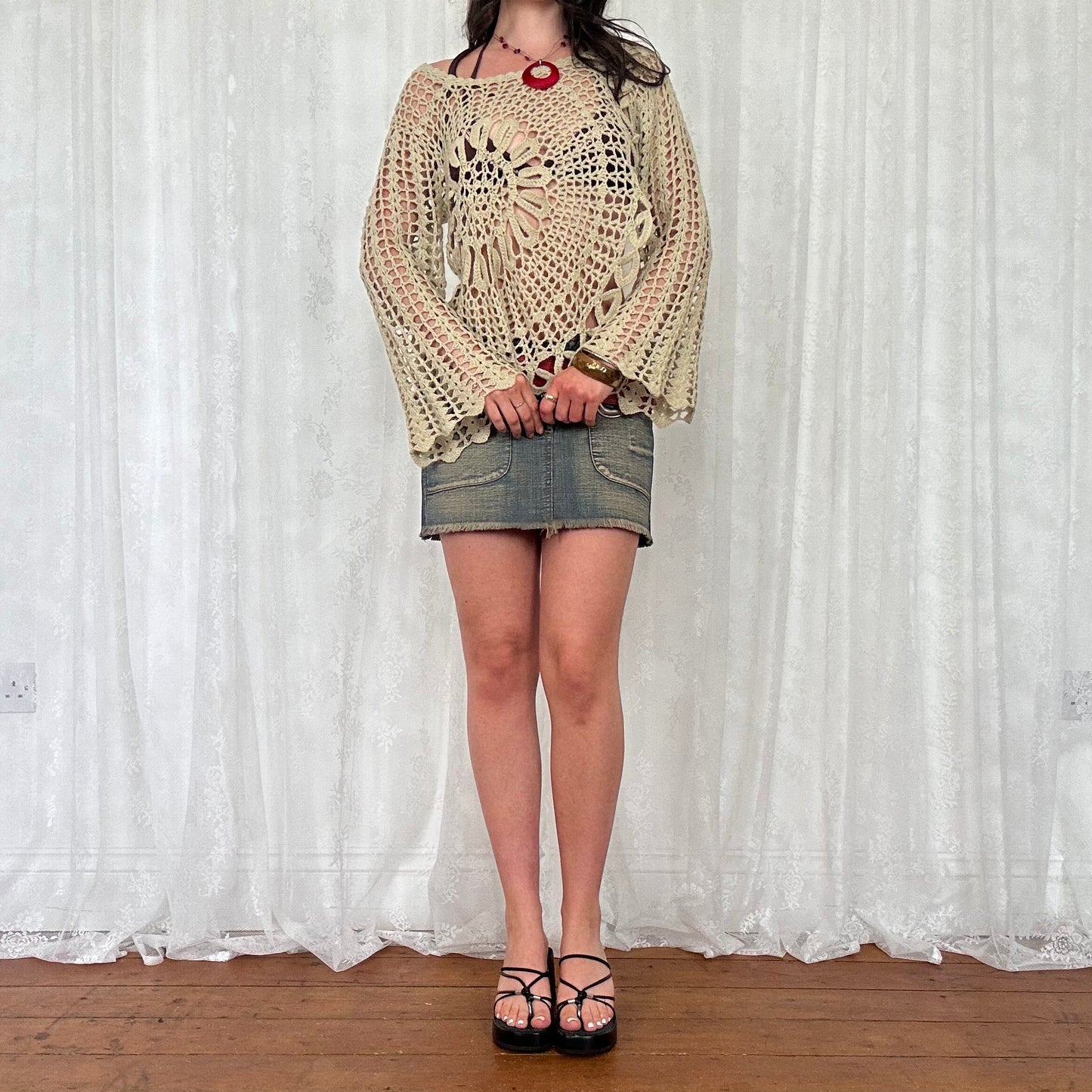 vintage 00s beige crochet knit jumper