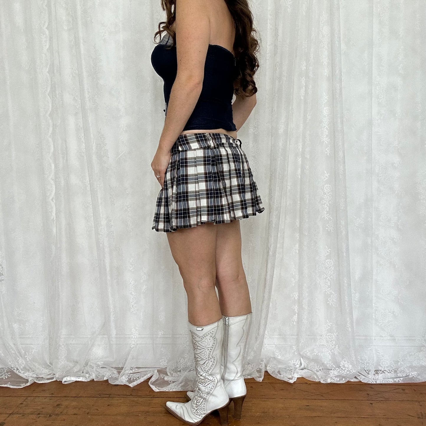 vintage 00s brown and blue checkered mini skirt