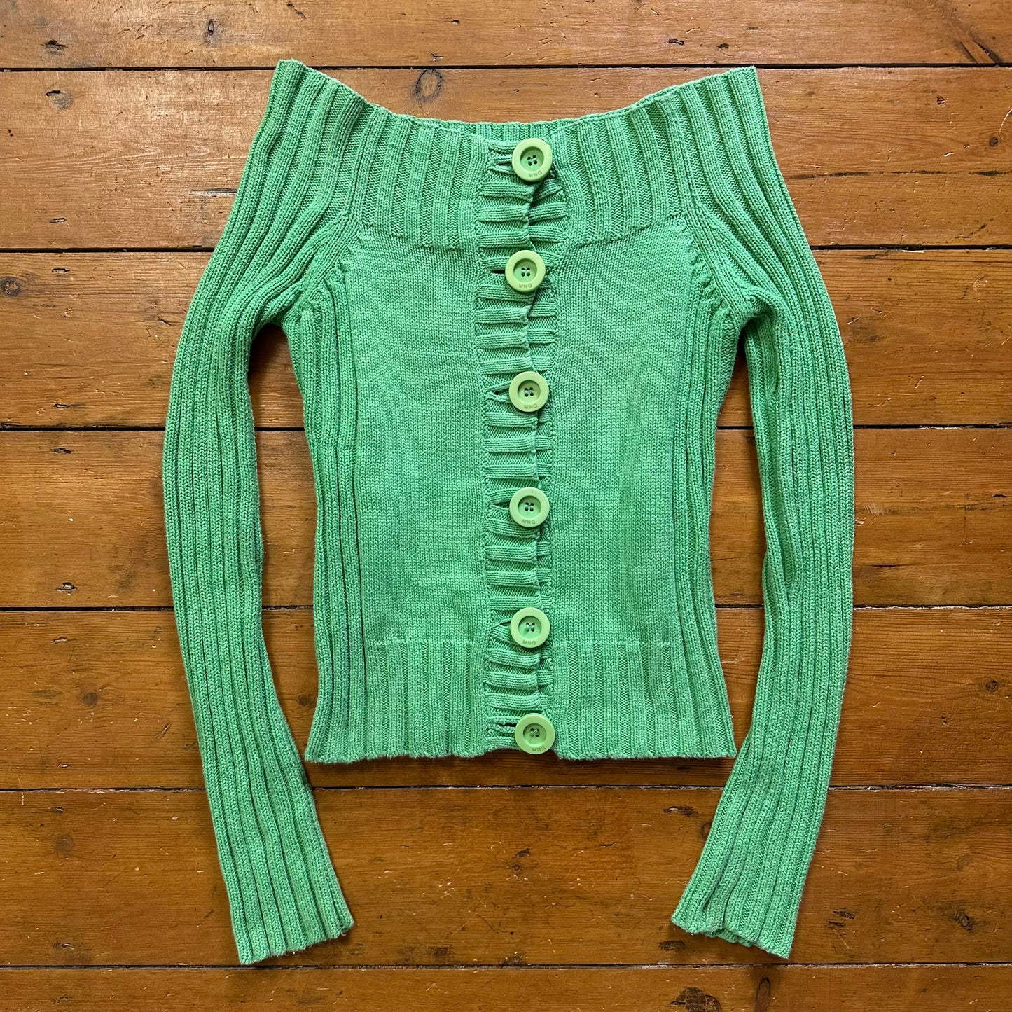 vintage 00s bright green button up off shoulder jumper