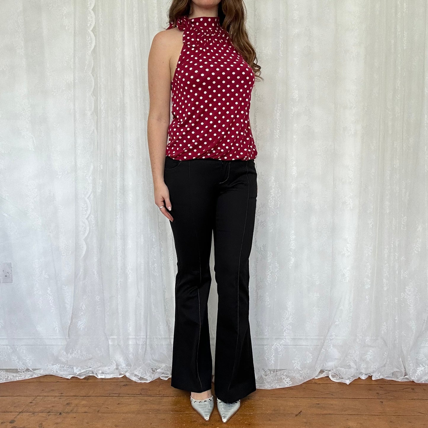 vintage 00s red polka dot high neck top