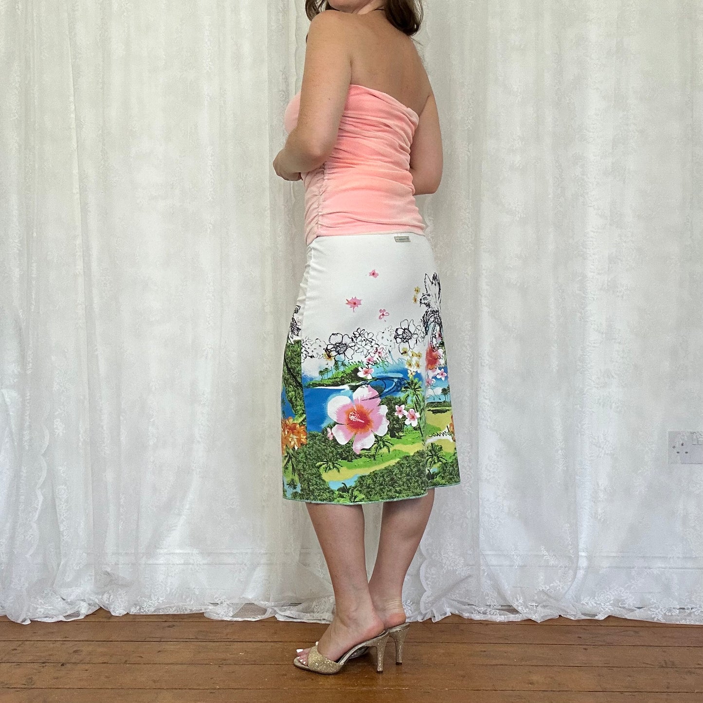 vintage 00s hawaiian floral graphic midi skirt
