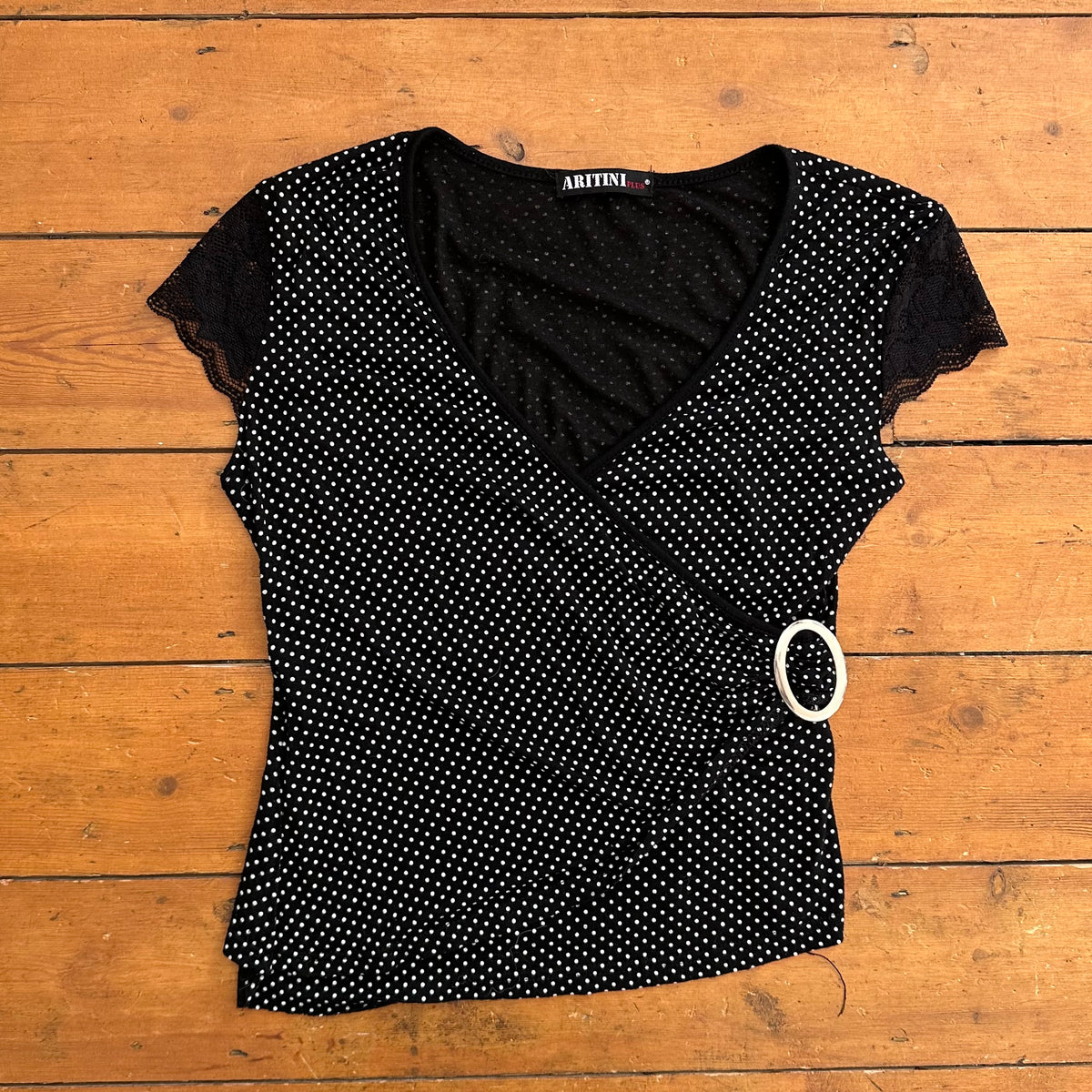 vintage 00s black polka dot lace sleeve top
