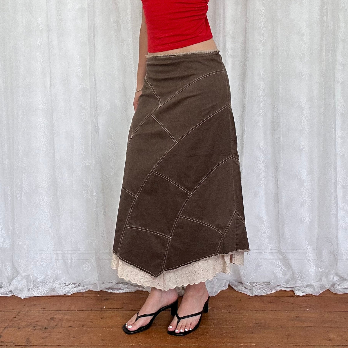 vintage 00s brown patchwork maxi skirt