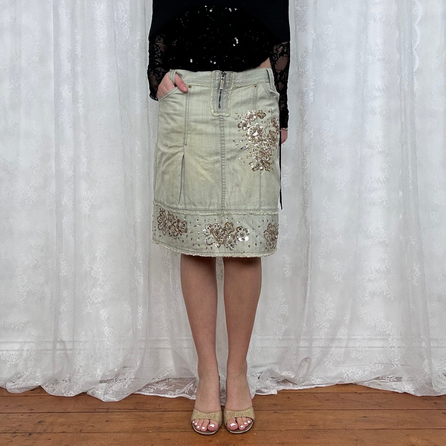 vintage 00s light wash sequin midi skirt