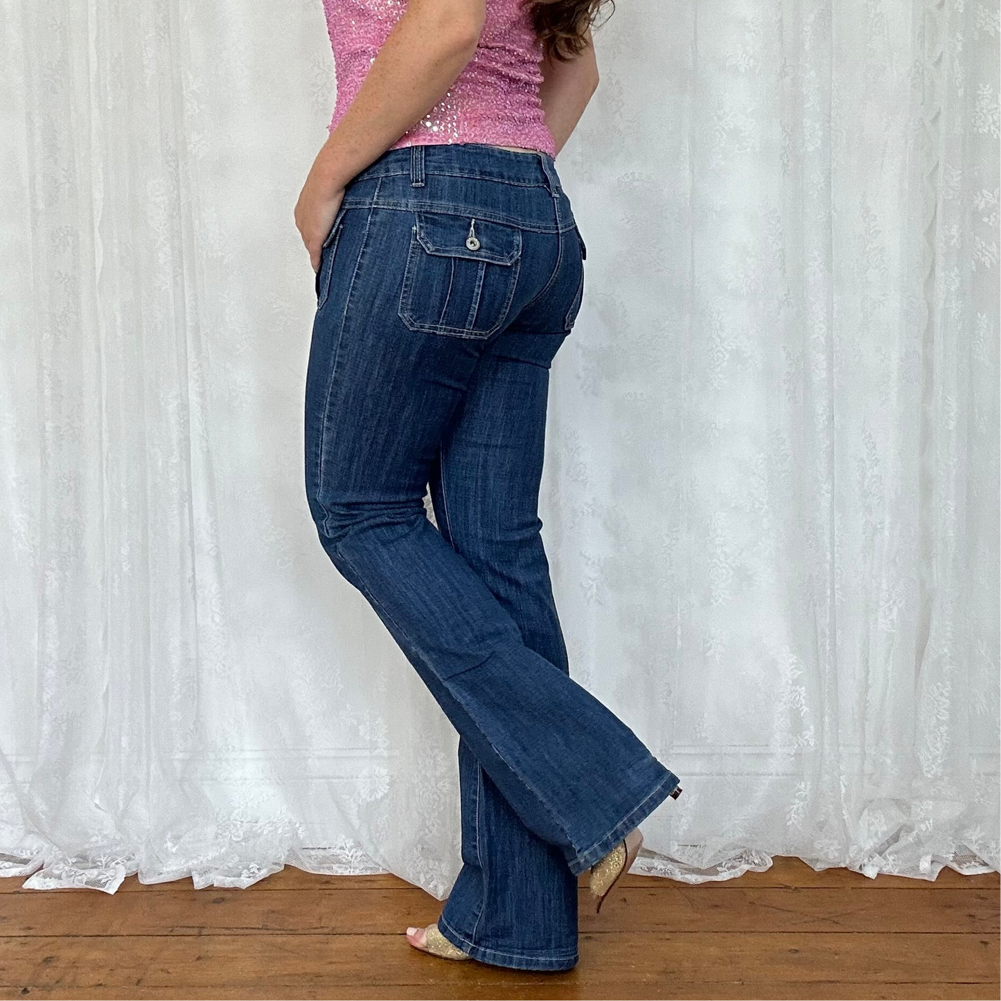 vintage 00s dark denim double pocket low rise flared jeans