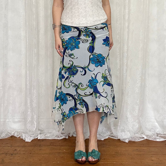 vintage 00s blue floral asymmetrical midi skirt