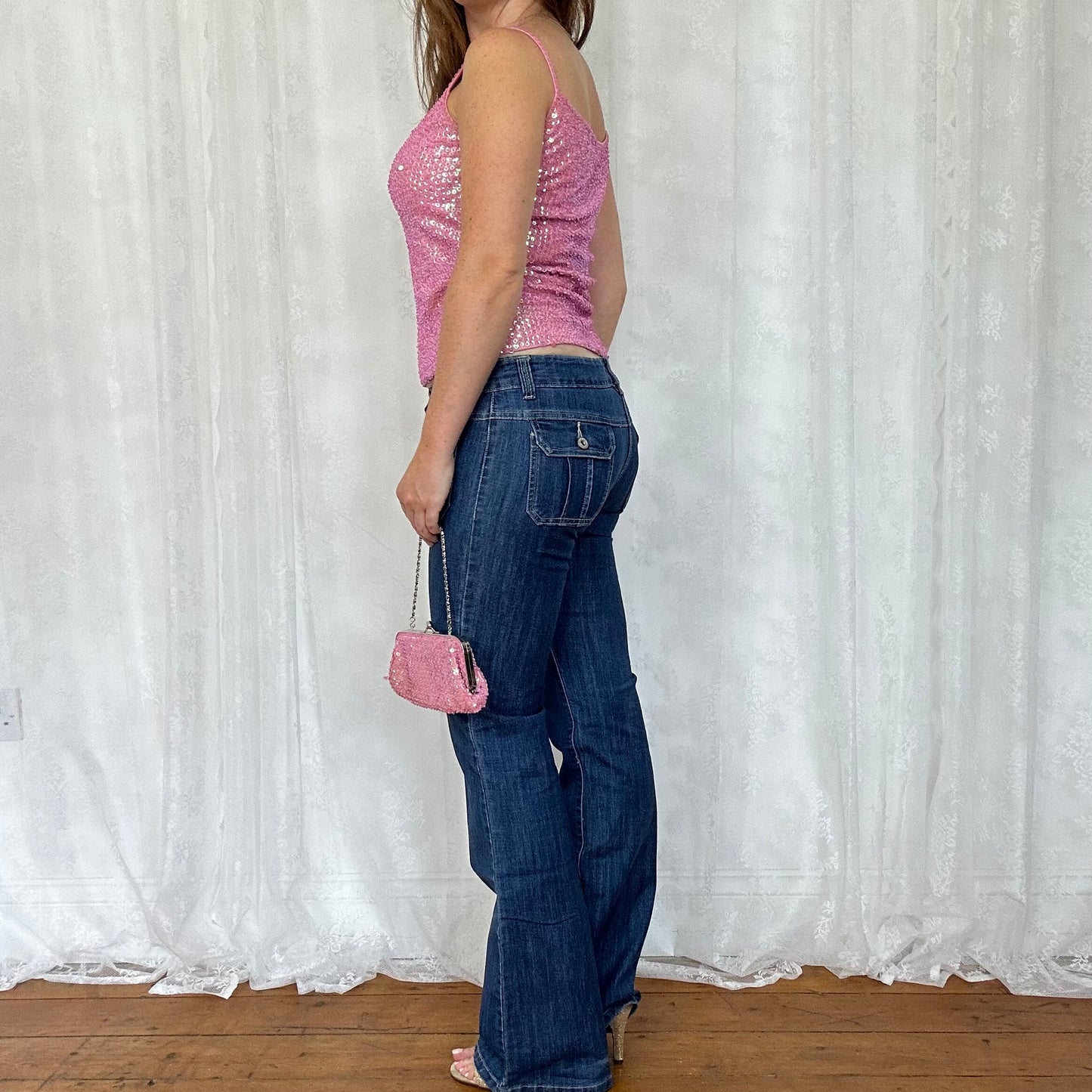 vintage 00s dark denim double pocket low rise flared jeans