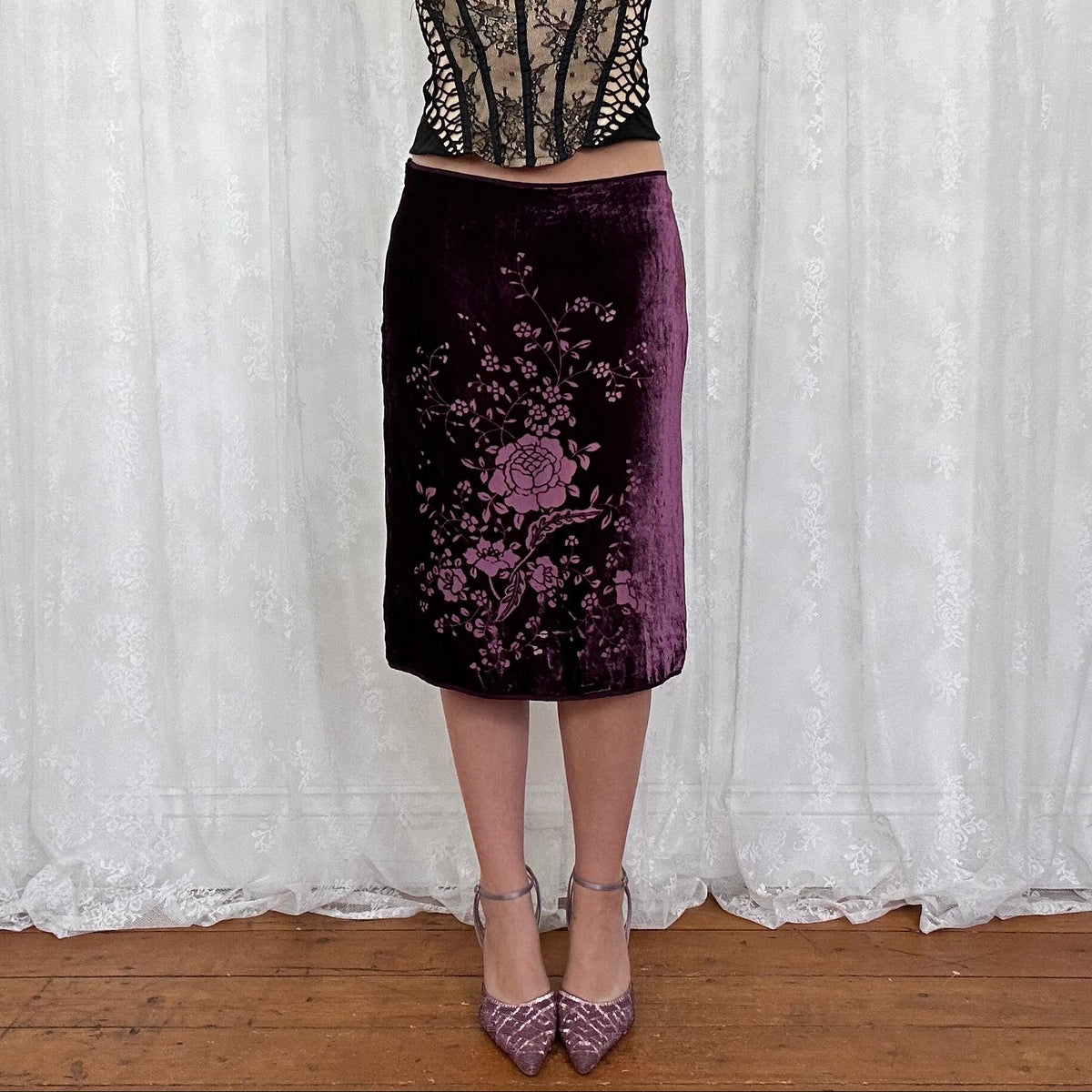 vintage 00s purple velvet floral midi skirt