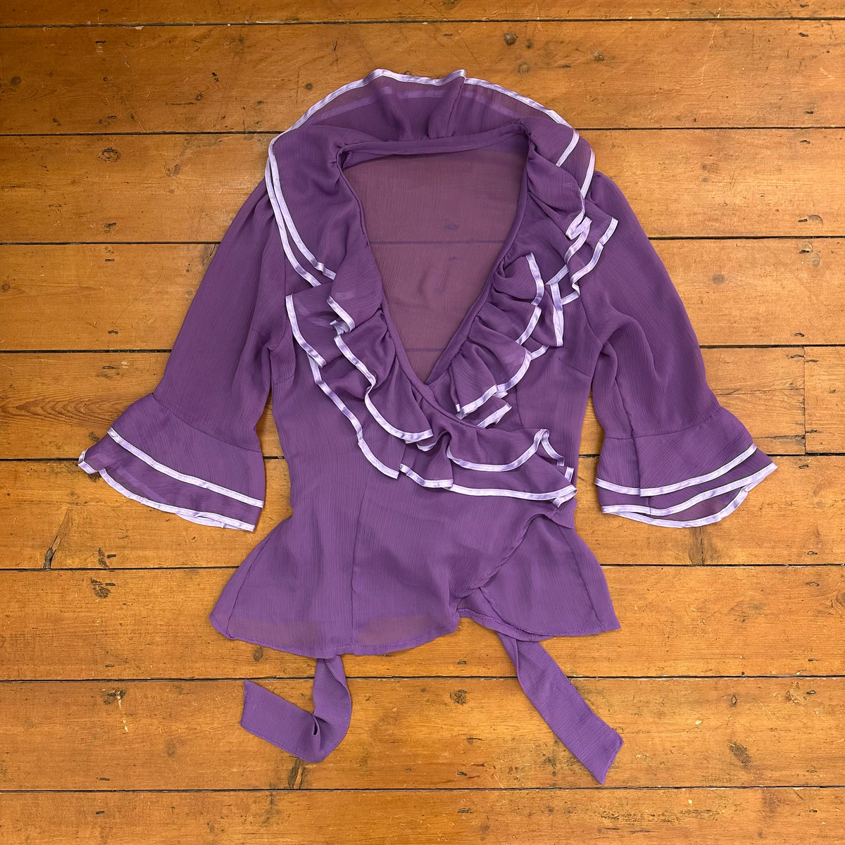 vintage 00s purple mesh ruffle wrap shirt