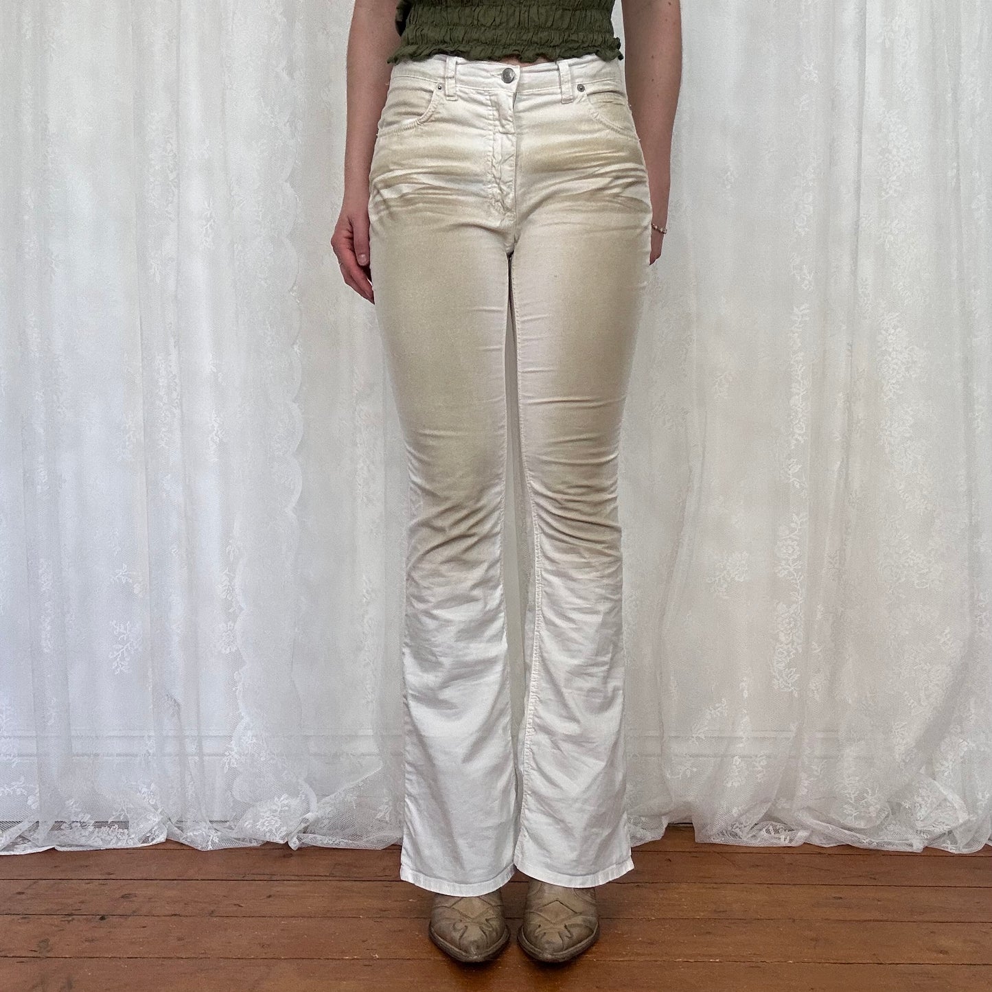 vintage 00s white washed-effect flared trousers