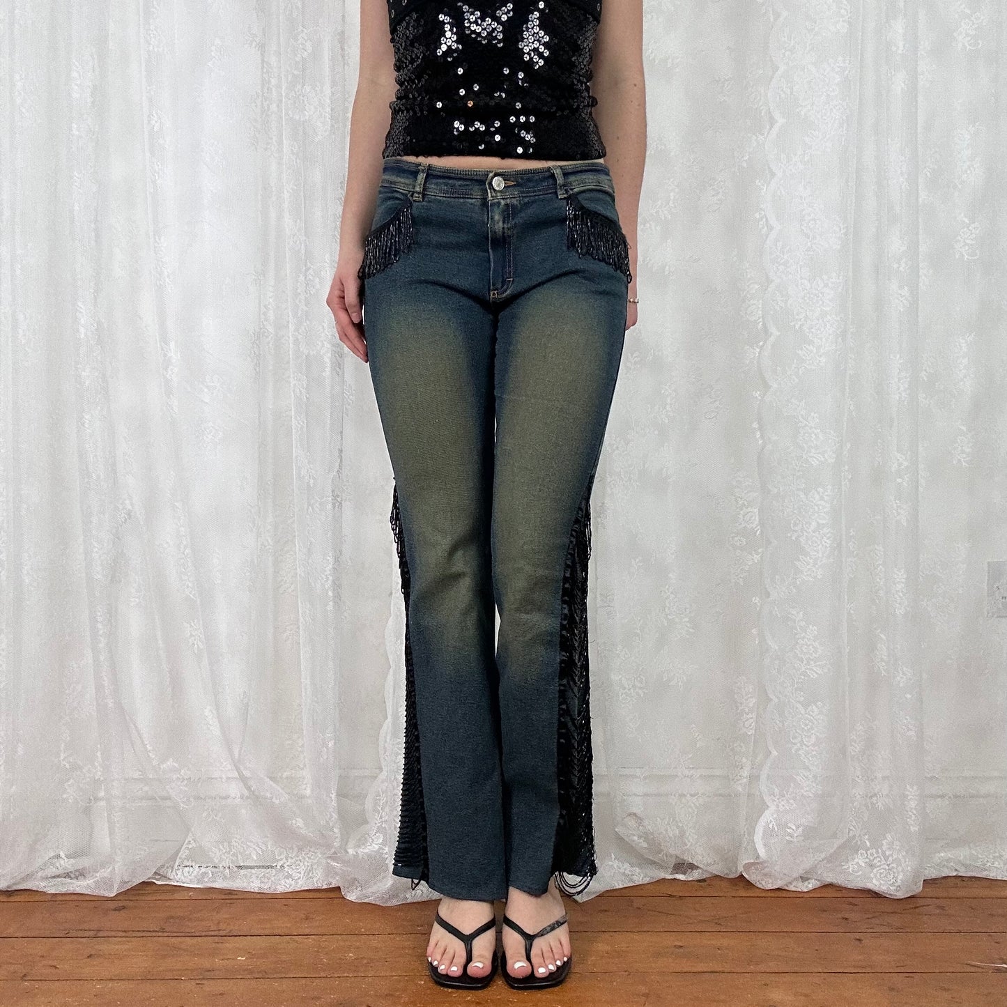 vintage 00s low rise black beaded tassle flared jeans