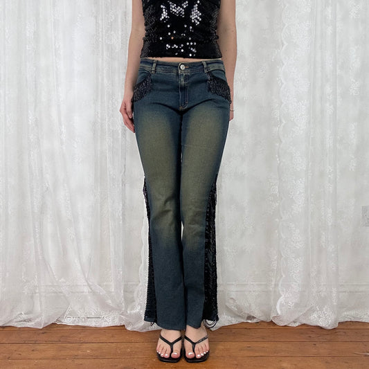 vintage 00s low rise black beaded tassle flared jeans