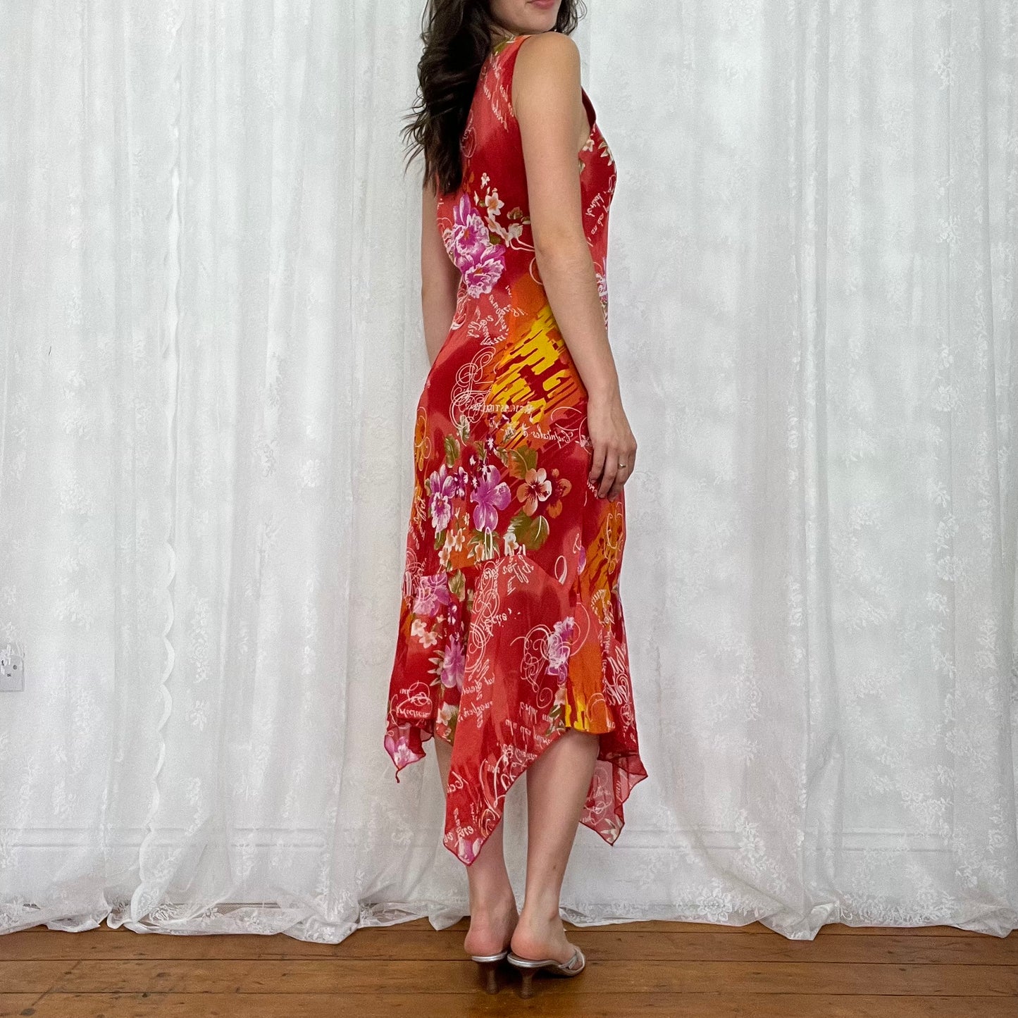 vintage 00s orange floral midi dress