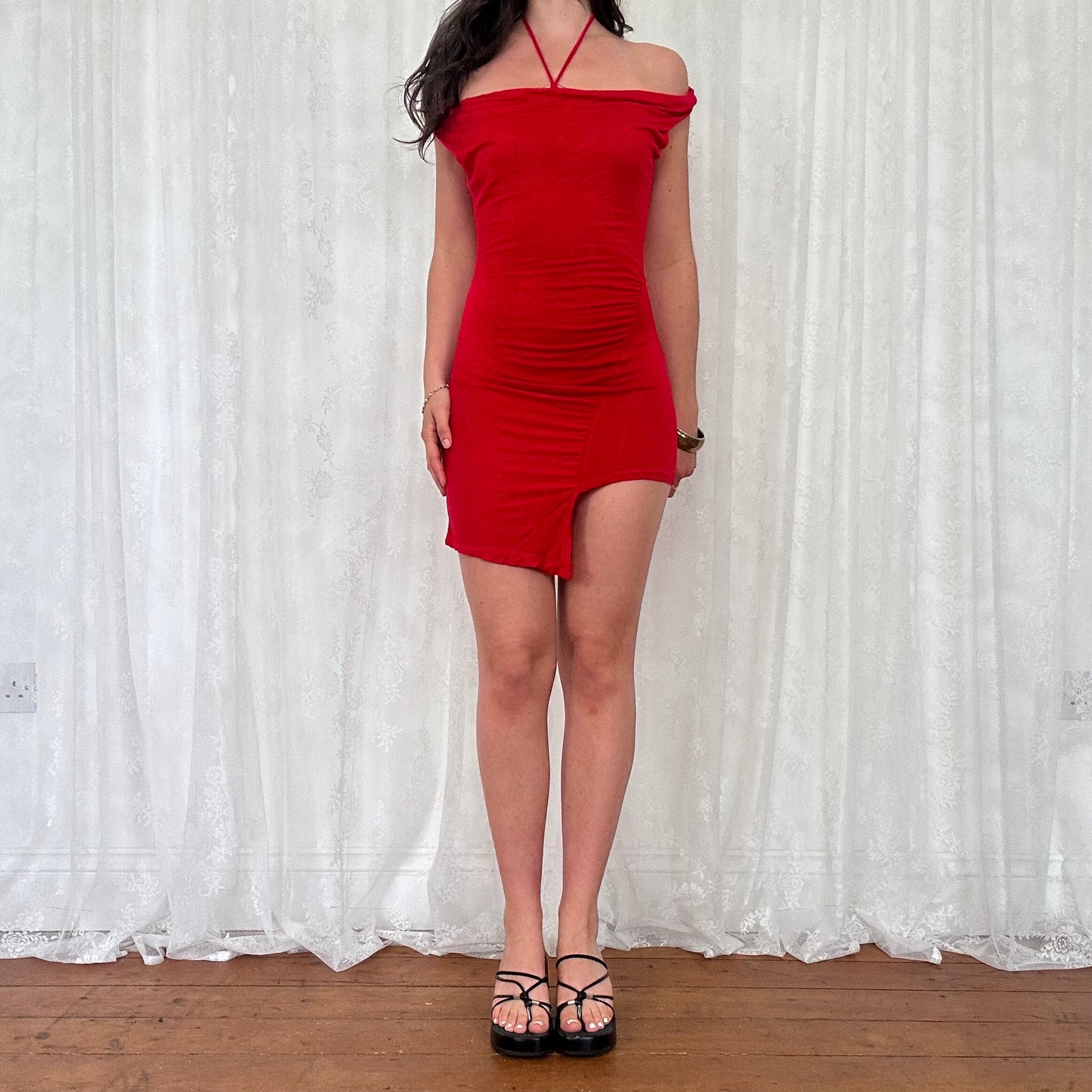 vintage 00s red o ring halterneck mini dress