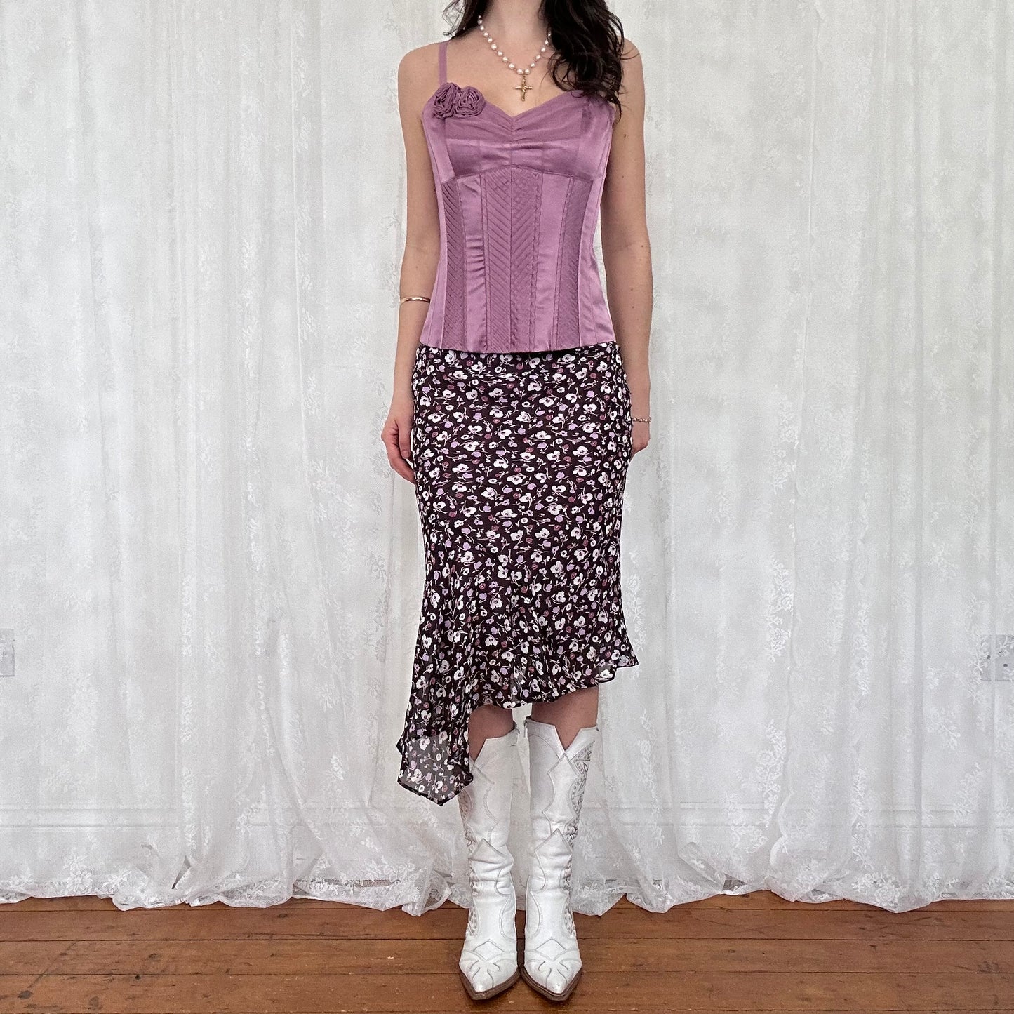 vintage 00s purple floral asymmetrical midi skirt