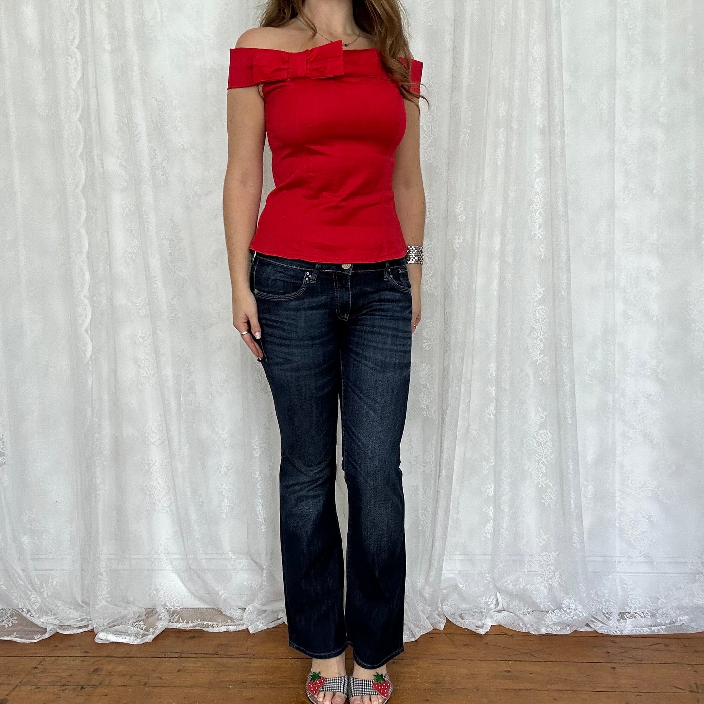 vintage 00s red fitted off shoulder bow top