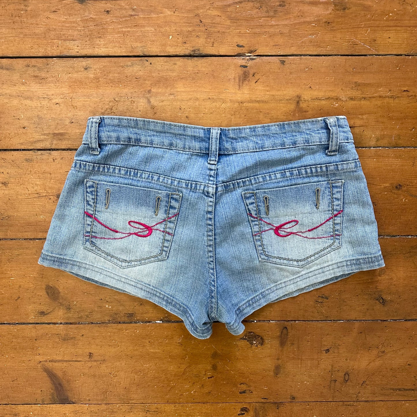vintage 00s denim micro mini shorts with pink back pocket embroidery