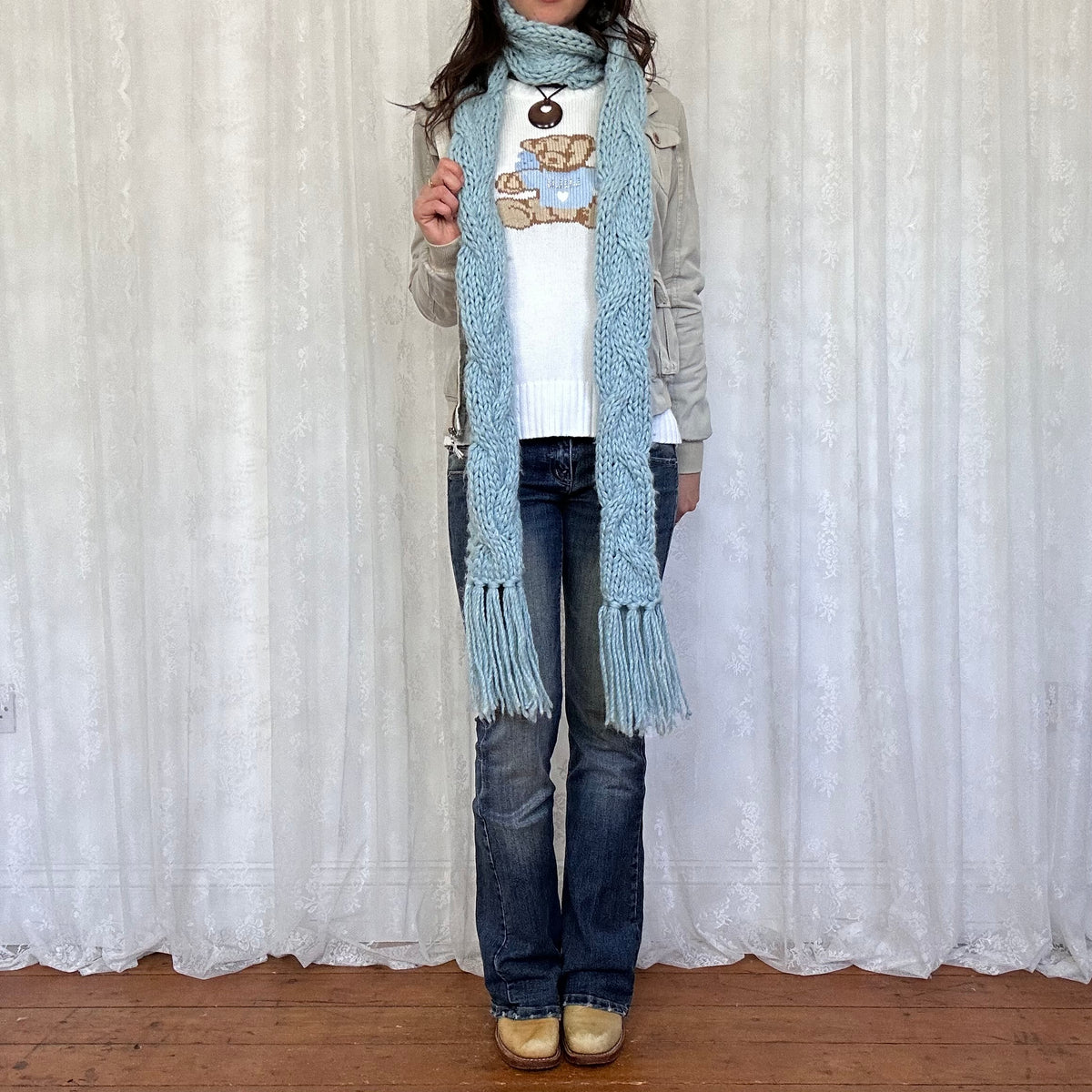 vintage 00s blue chunky crochet knit scarf