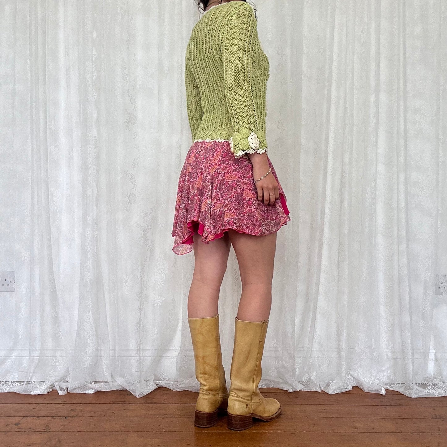 vintage 00s green floral crochet knitted cardigan