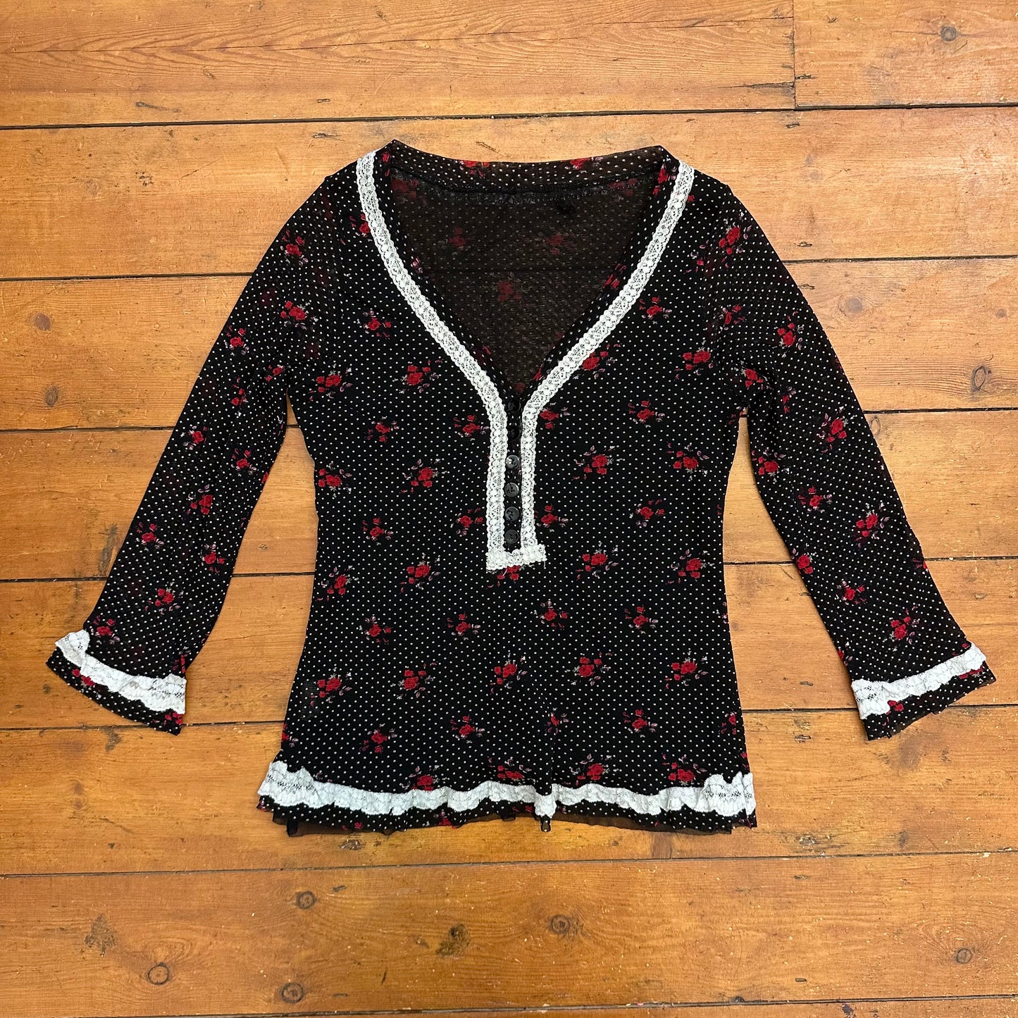 vintage 00s black polka dot and red ditsy floral mesh top
