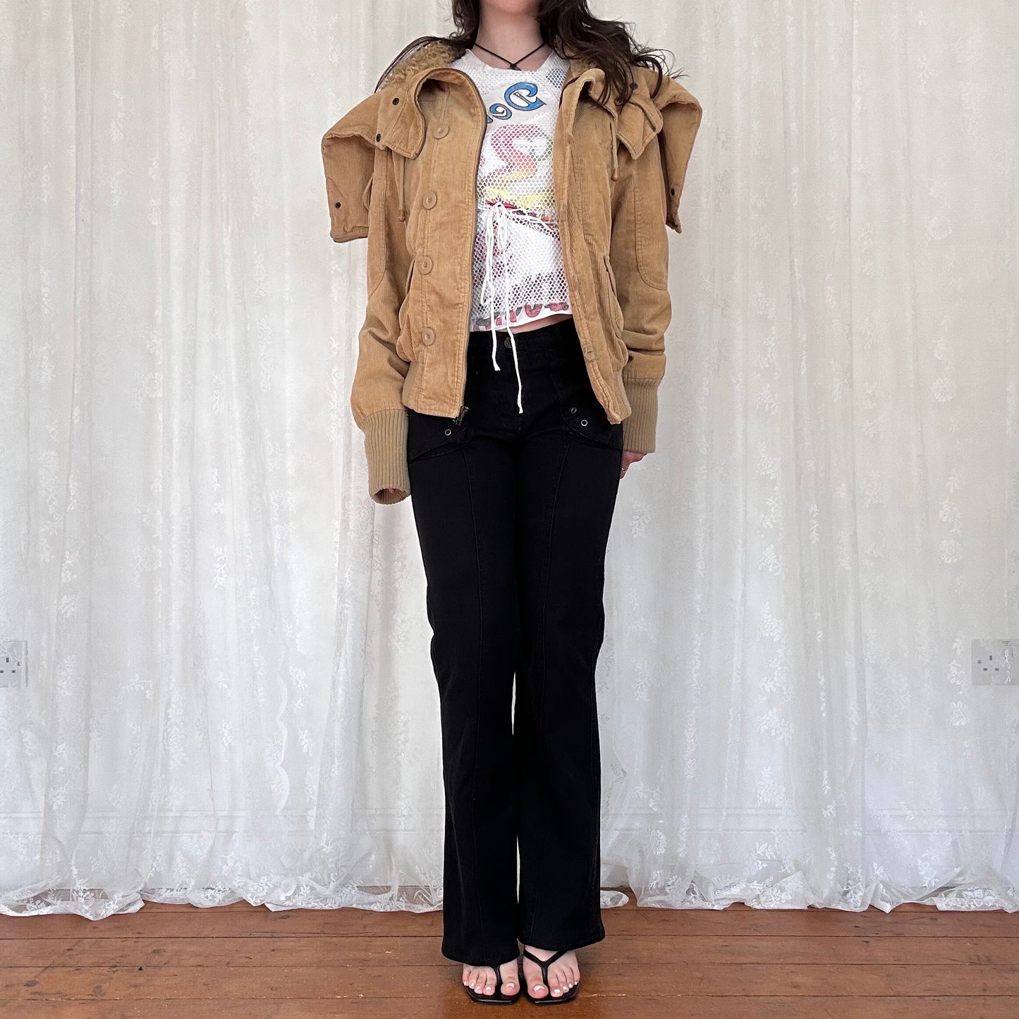 vintage 00s beige cord split hood bomber jacket