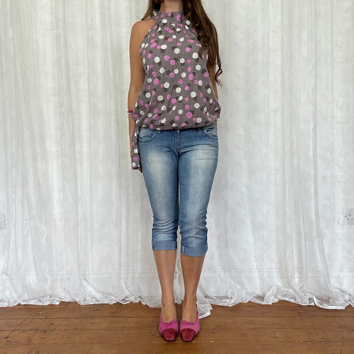 vintage 00s brown and pink polka dot top