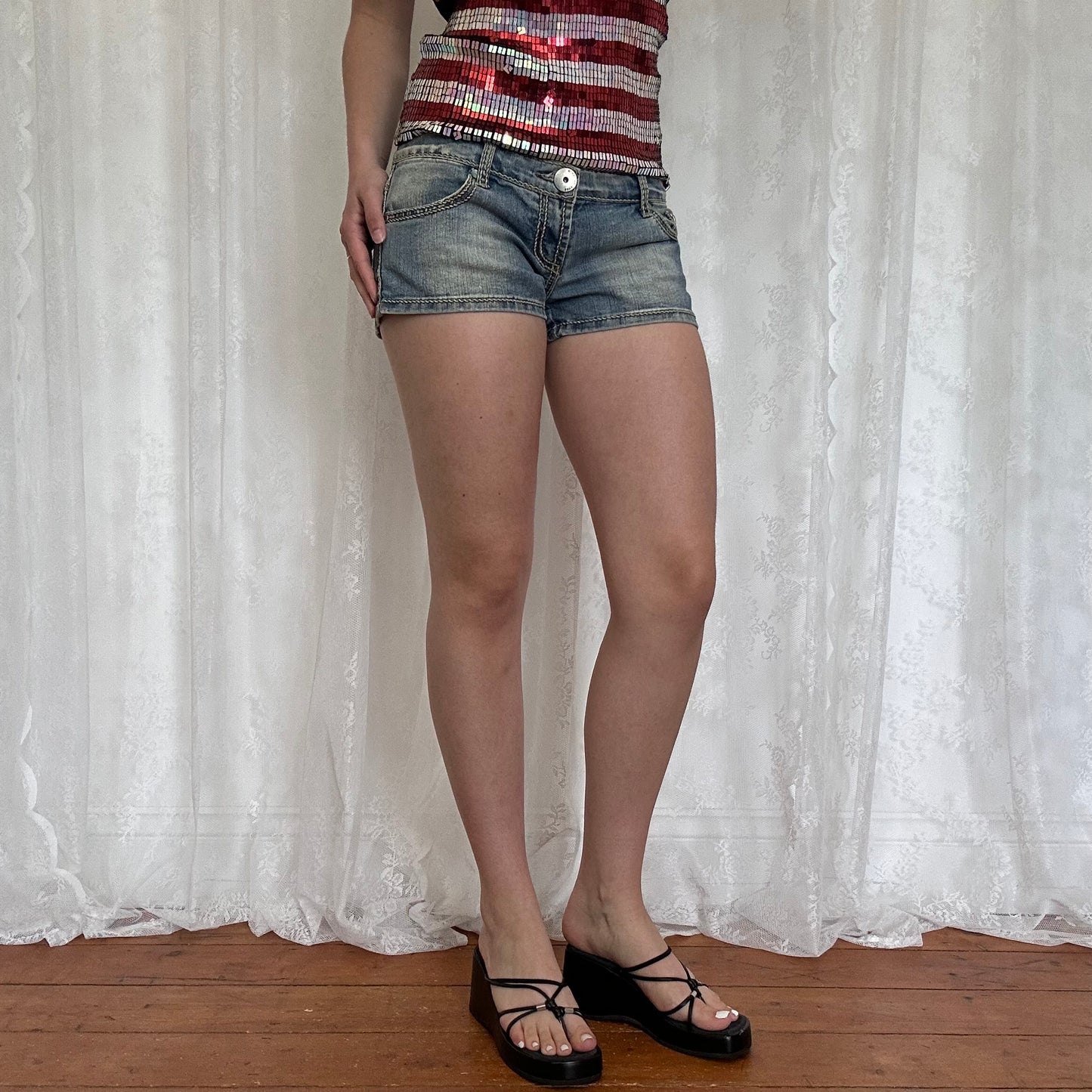 vintage 00s denim micro mini shorts with contrast stitching