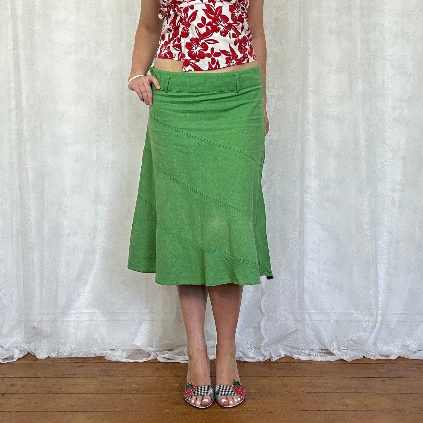 vintage 00s apple green linen midi skirt