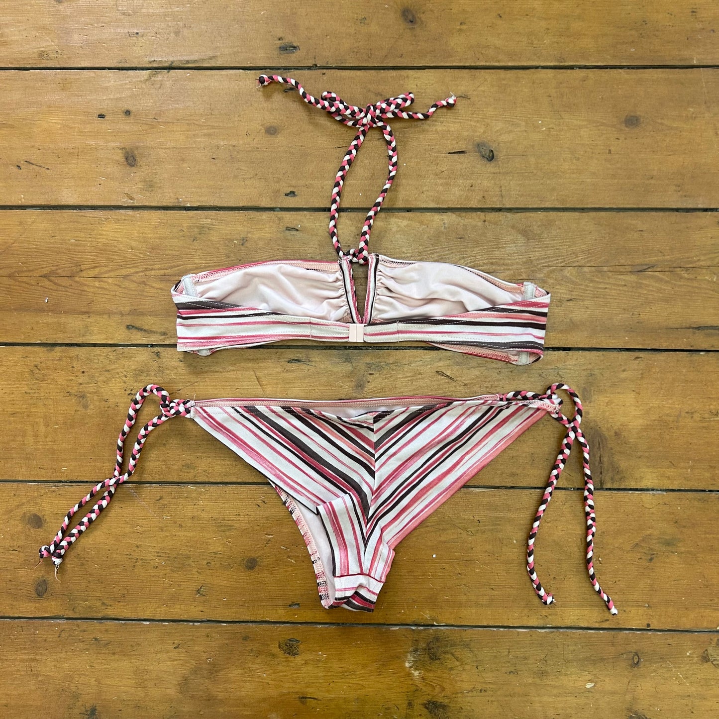 vintage 00s brown and pink stripe bikini