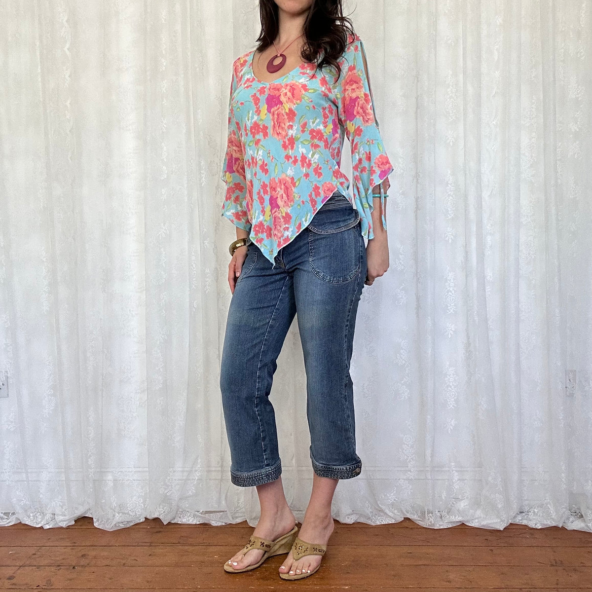 vintage 00s blue floral top with floaty sleeves