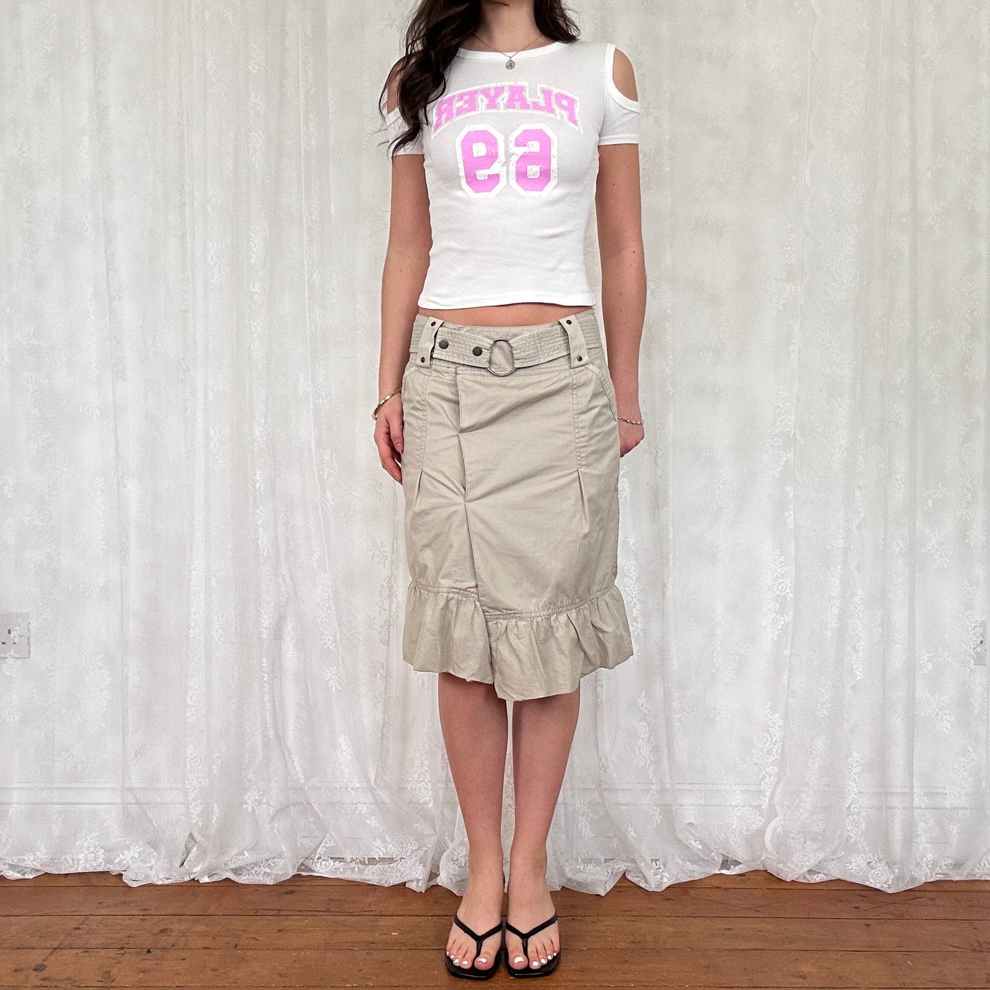 vintage 00s beige cargo midi skirt