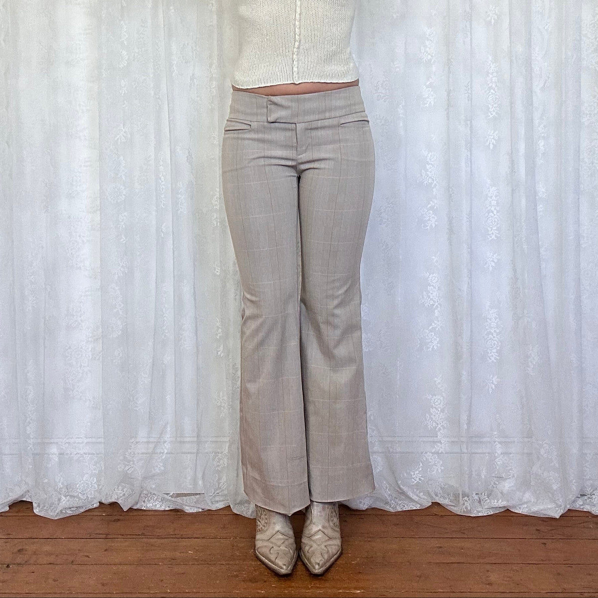 vintage 00s beige checkered low rise suit trousers