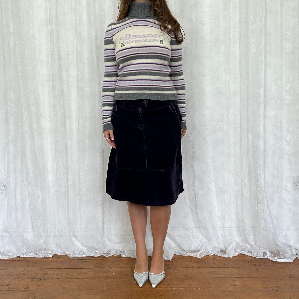 vintage 00s purple and grey striped roll neck jumper
