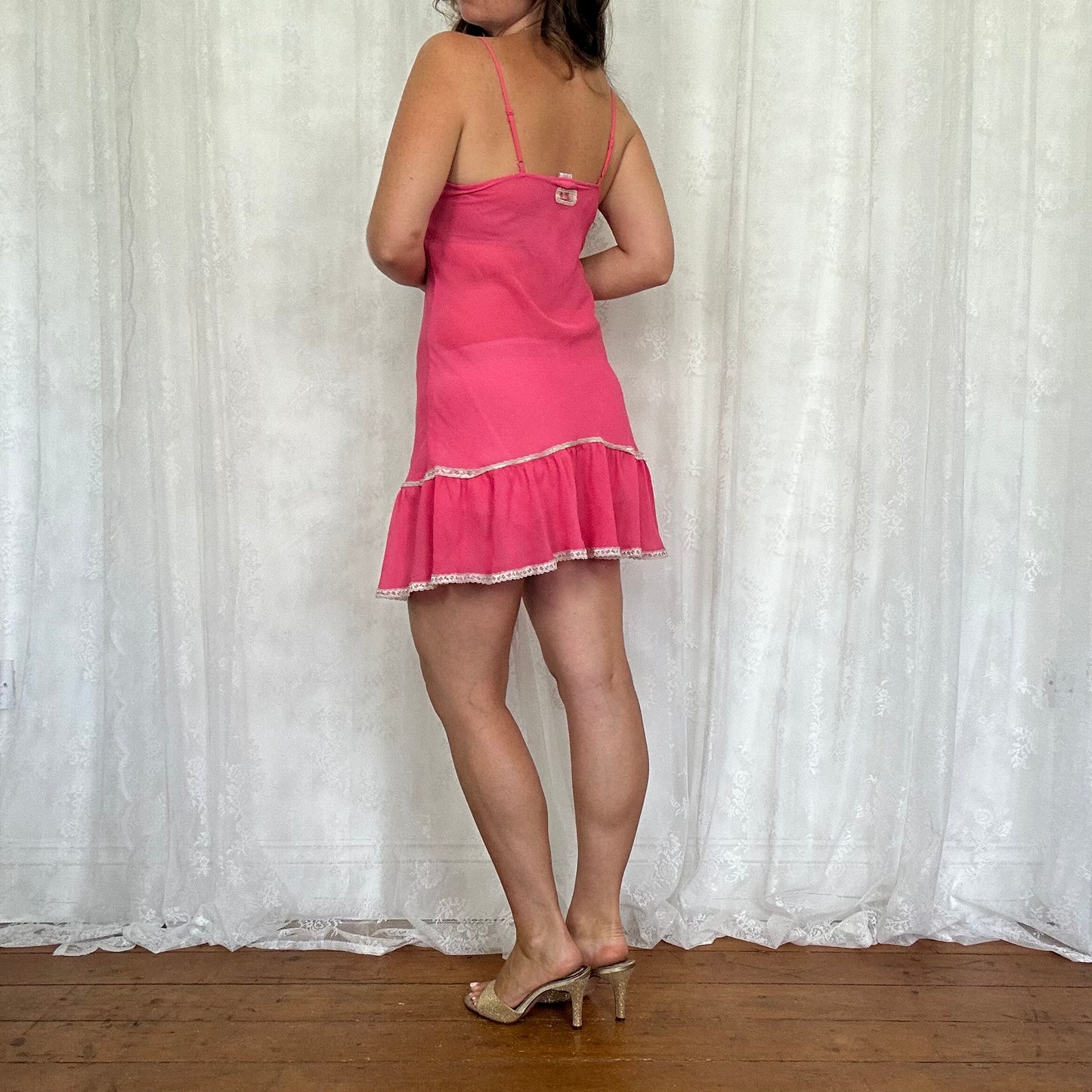 vintage 00s pink sheer lace trim mini dress