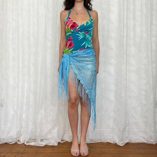 vintage 00s blue crochet tassel wrap skirt / shawl
