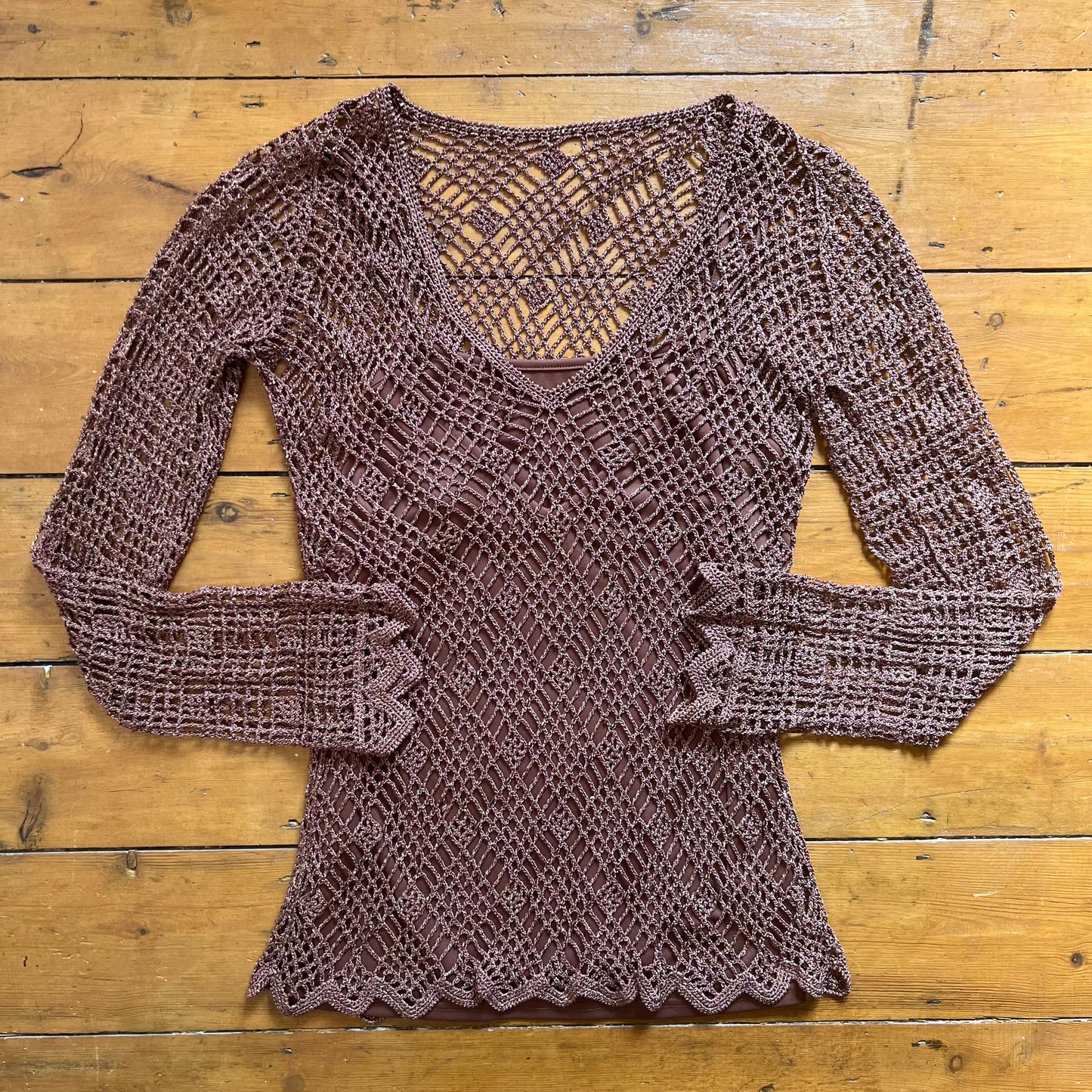 vintage 00s brown crochet long sleeve top with cami underlay
