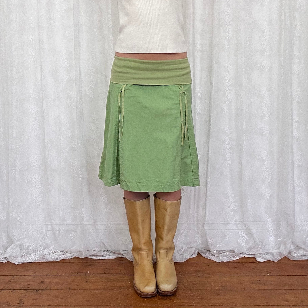 vintage 00s green fold over waistband midi skirt