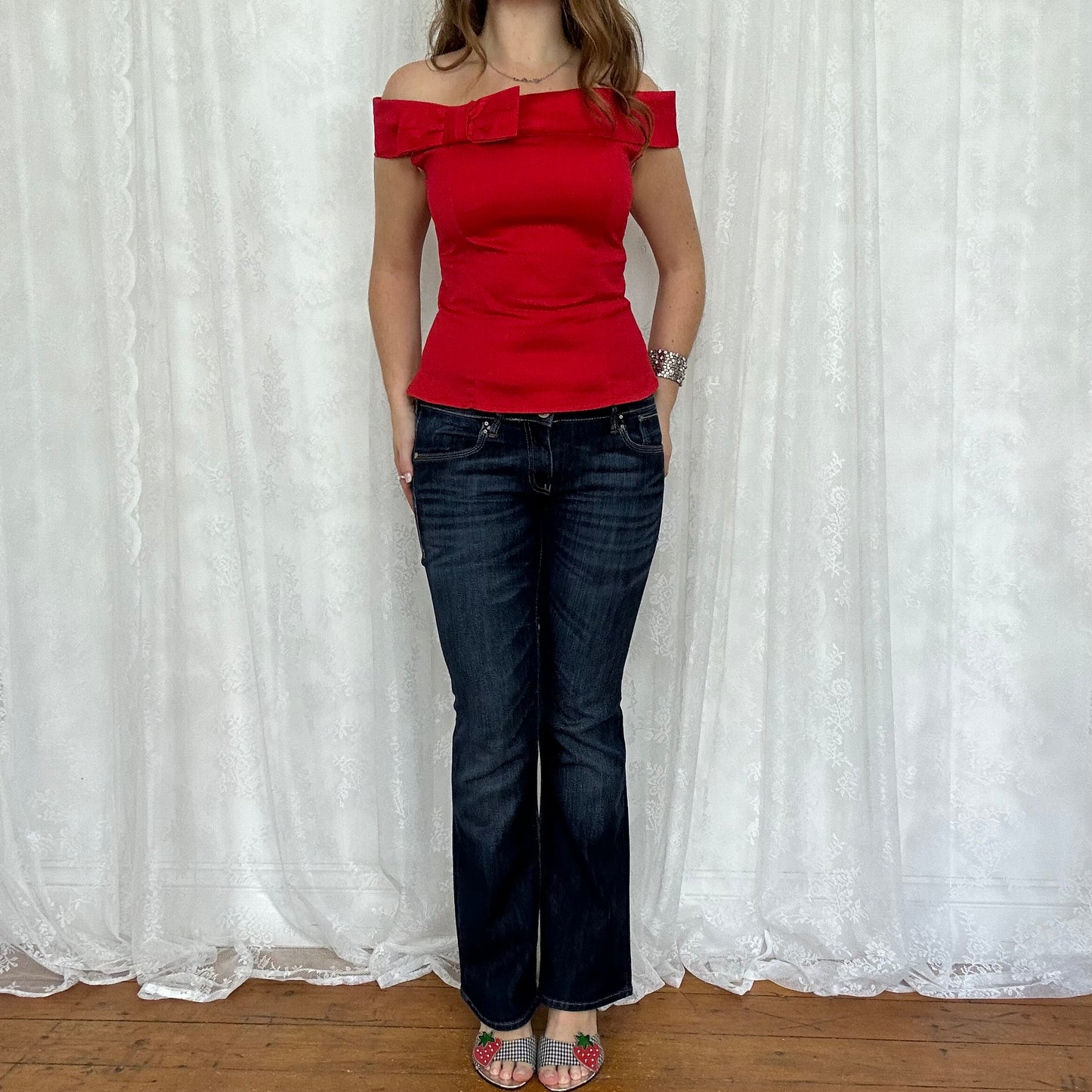 vintage 00s red fitted off shoulder bow top