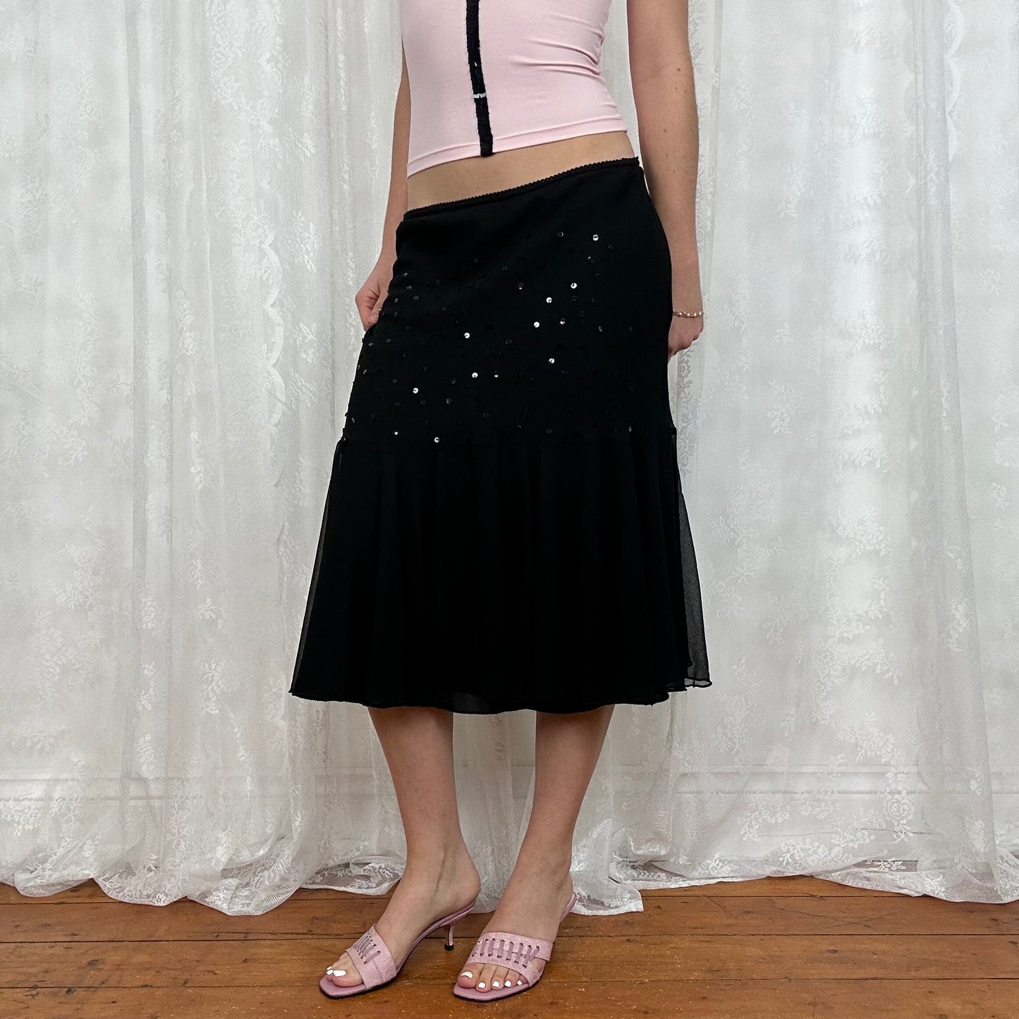 vintage 00s black mesh sequin midi skirt