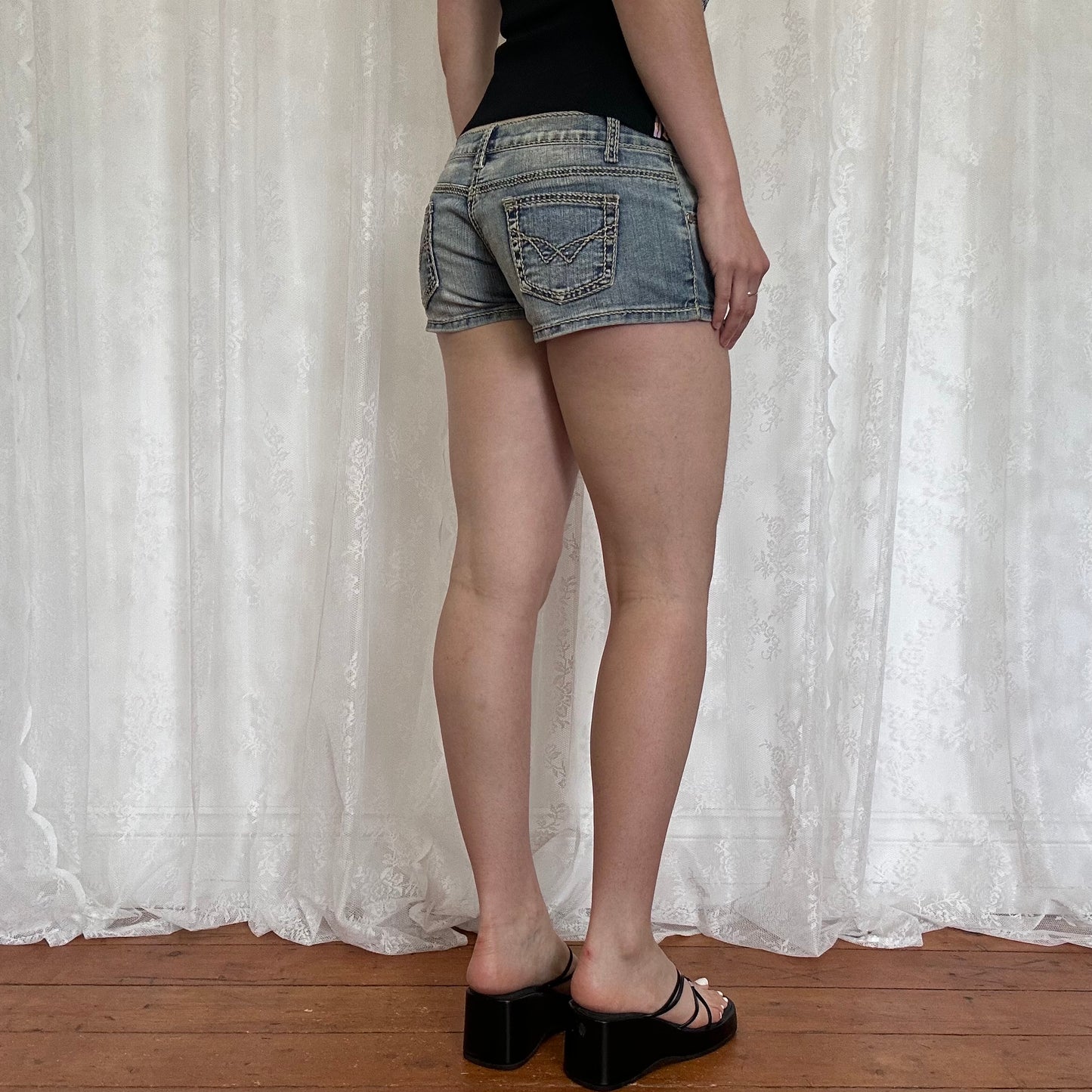 vintage 00s denim micro mini shorts with contrast stitching