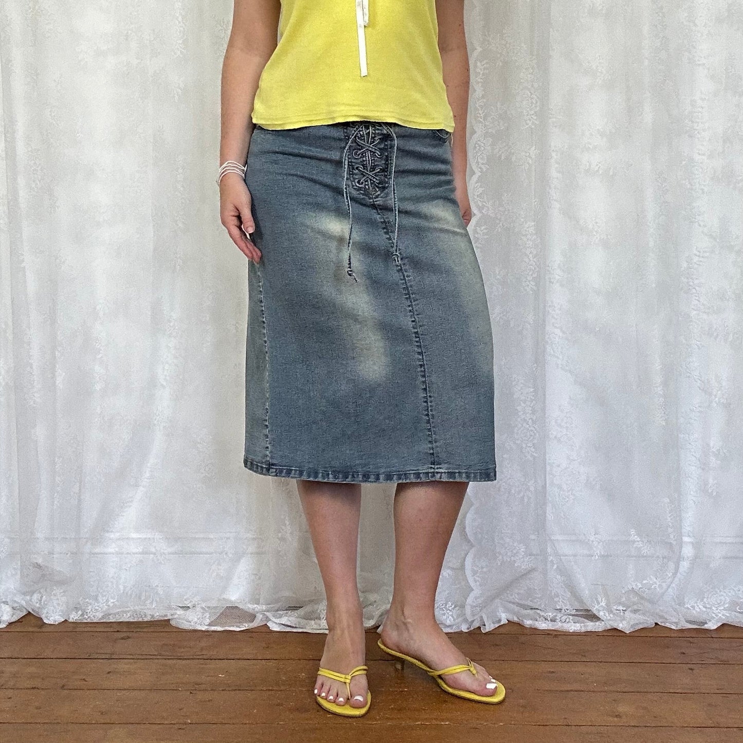 vintage 00s denim tie front midi skirt