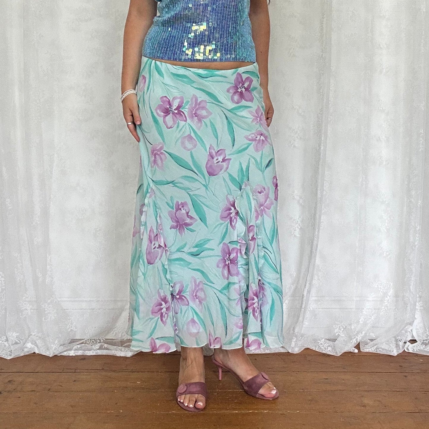 vintage 00s blue and purple floral midi skirt