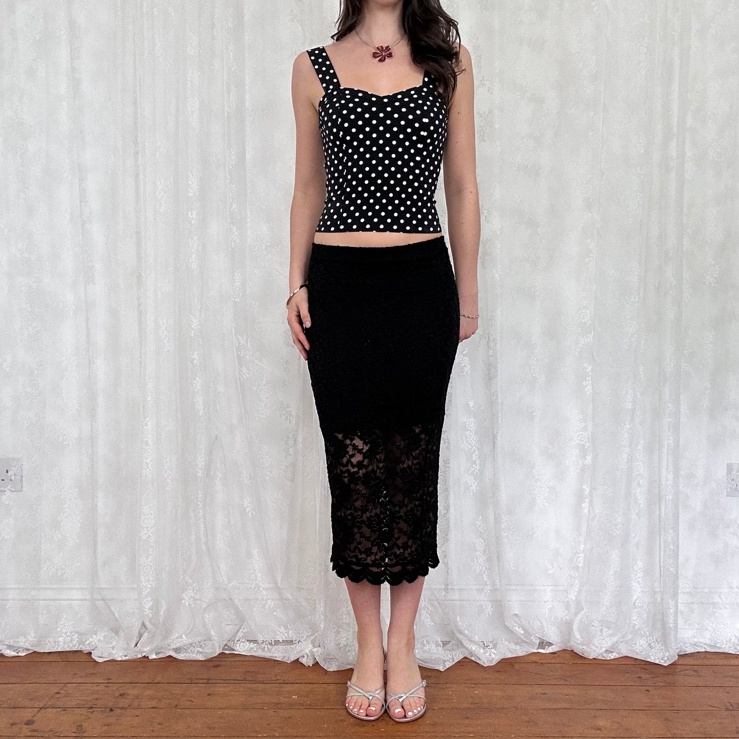 vintage 00s black and white polka dot cami top