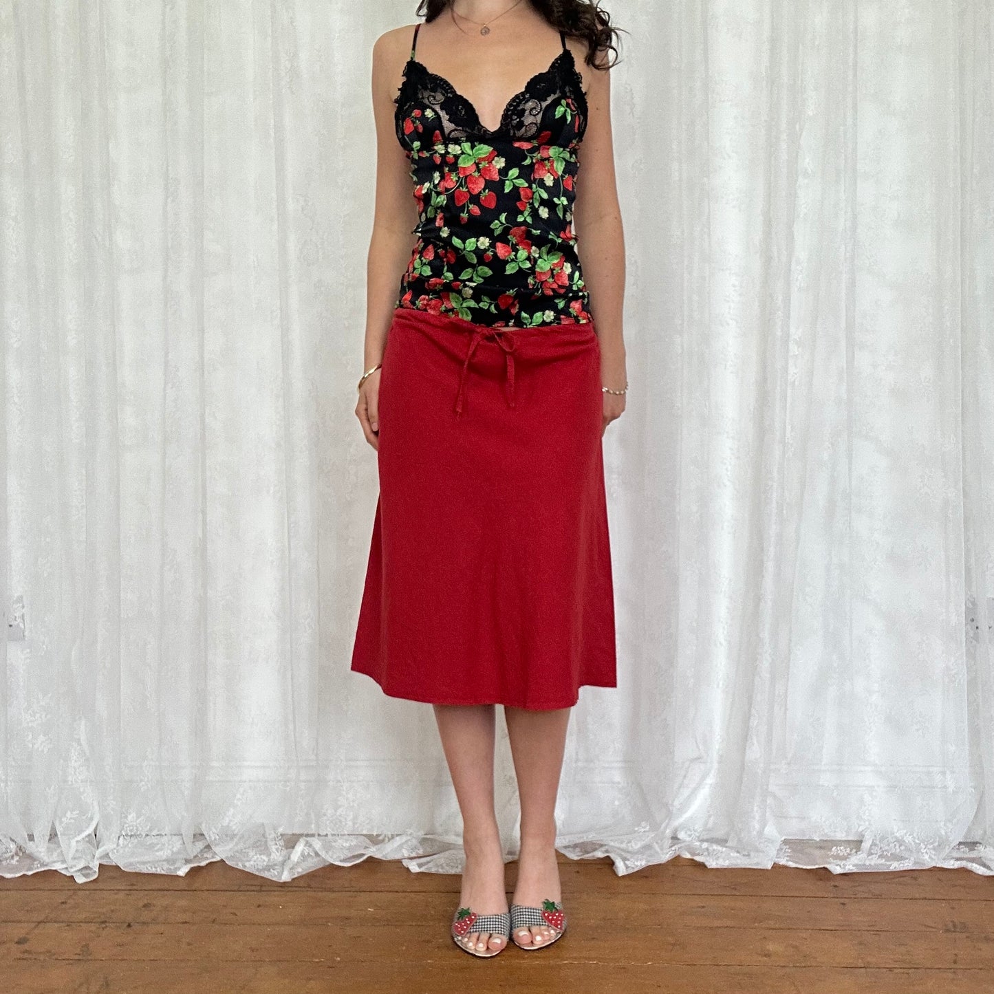 vintage 00s red linen midi skirt