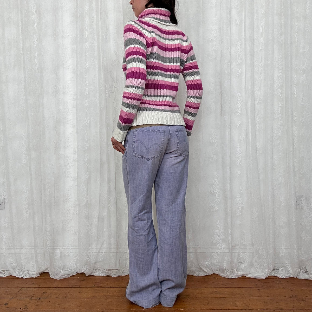 vintage 00s pink striped knitted turtleneck jumper