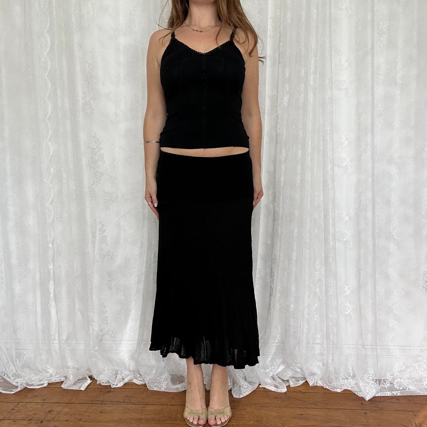 vintage 00s black picot trim cami