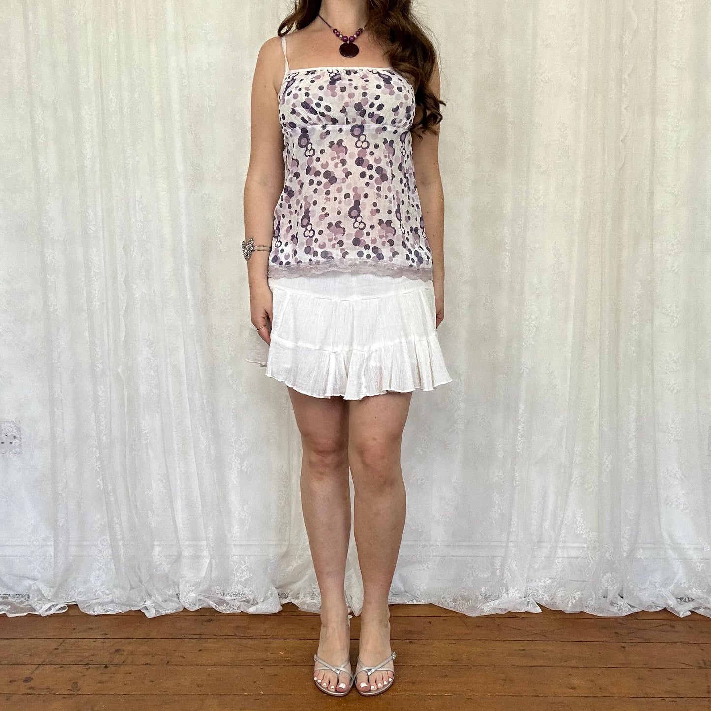 vintage 00s purple polka dot sheer cami top